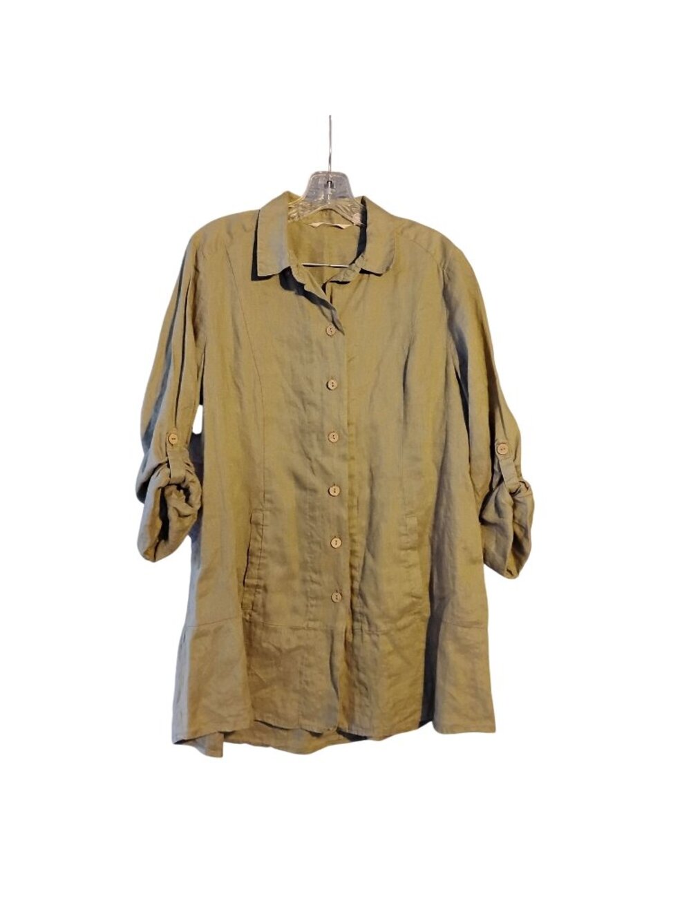 SOFT SURROUNDINGS Woman's M Green Relaxed Linen Tunic Top Roll Tab Long Sleeve